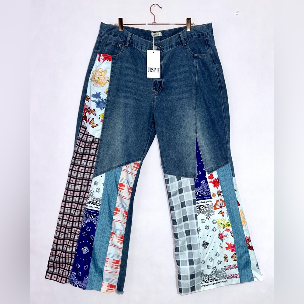 NWT URSIME Boho Patchwork Denim High Rise Retro Flare Jeans size 4XL - Picture 2 of 16